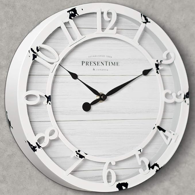 Presentime & Co 10" Farmhouse Series Wall Clock, Shiplap Style, Raised 3D Arabic Numeral, Antique Distressed White