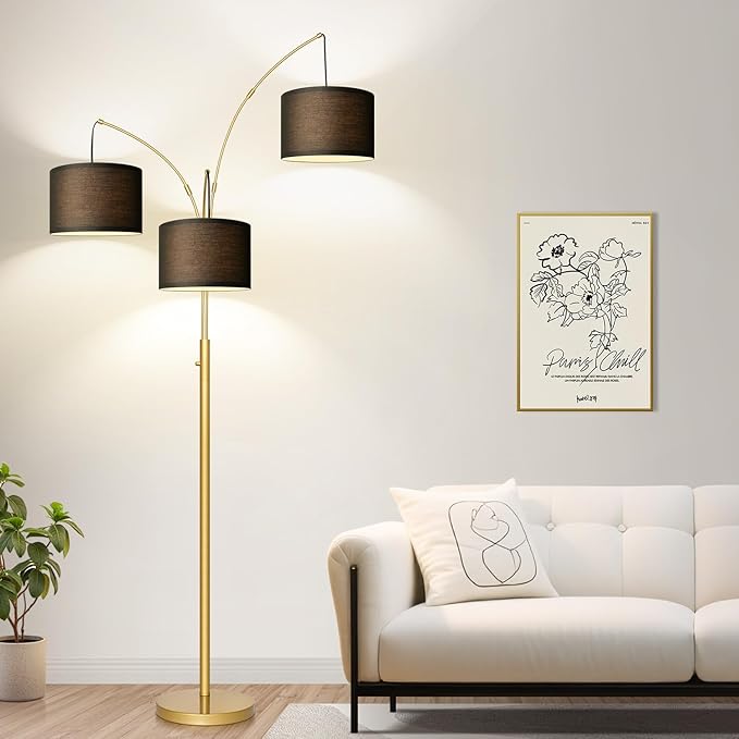 Dimmable Floor Lamp - 3 Lights Gold Arc Floor Lamps for Living Room, 1000LM Modern Tall Standing Lamp With Black Shades&Heavy Base, Mid Century Tree Floor Lamp for Bedroom Office, 3 LED Bulbs Included