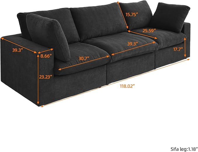 WJShome Cloud Modular Sectional Couch, 120.45" Convertible Couch - 3 Seater for Living Room, Minimalist Deep Sofa, Washable & Replaceable Sofa Covers (Black)