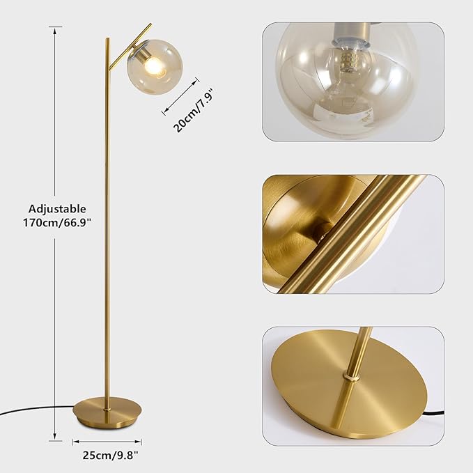 Mid Century Modern Floor Lamp for Living Room Retro Vintage Brass Standing Light Industrial Cognac Glass Globe Floor Freestanding Lamp for Office Hotel Bedroom