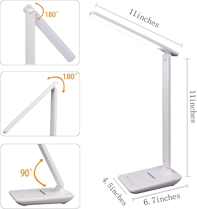 Led Desk Lamp Dimmable Table Lamp with USB Charging Port, 5 Lighting Modes, Sensitive Control, Foldable Portable Dorm Desk Lamps for Home Office Bedroom Reading Study Work (White)