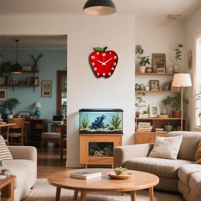CHGCRAFT Apple Pattern Wall Clock 14.7 Inch Wood Grain Non-Ticking Irregular Shape Clocks Wall Hanging Clock Battery Operated for Bedroom Living Room Kitchen Office