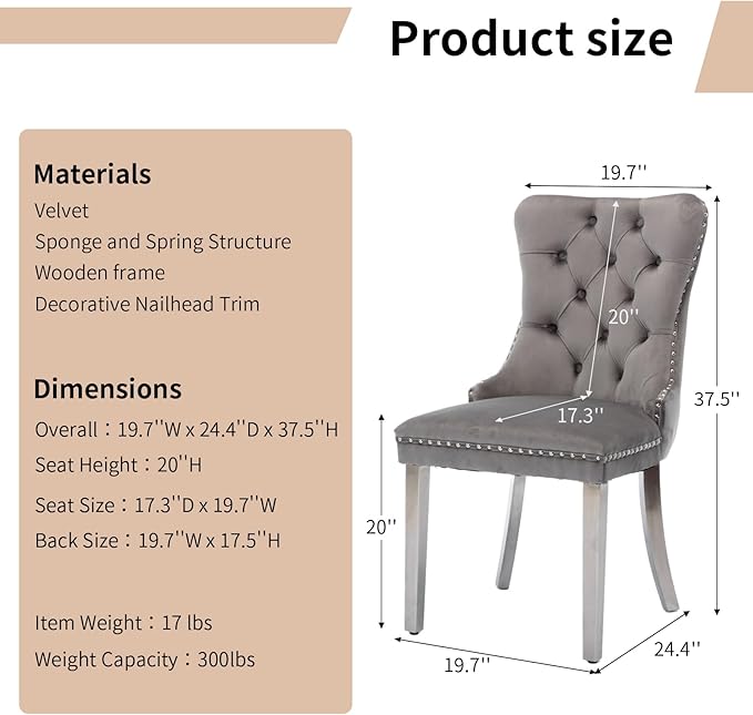 Luxury Upholstered Dining Chairs Set of 6, Grey Kitchen Chair with Silver Metal Legs, Velvet Tufted Back Dining Chair, Sillas de Comedor, Modern Kitchen & Dining Room Chairs (Gray, 6 Pcs)