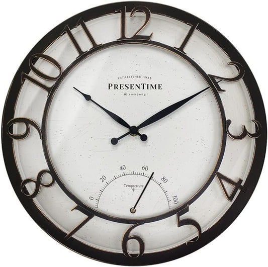 Presentime & Co 13" Farmhouse Outdoor Wall Clock w/Outdoor Thermometer, Cottage Style, Raised 3D Arabic Numerals, Oil Rubbed Bronze Finish (Wall Clock for Patio, Cottage, Poolside, Garden Spaces)