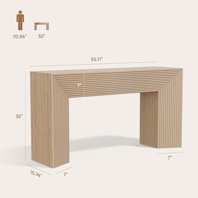 55-Inch Wood Entryway Table with Storage, Narrow Long Sofa Table Behind Couch, Fluted Console Table for Entryway, Hallway, Living Room, Accent Table for Decoration and Organization, Natural Wood