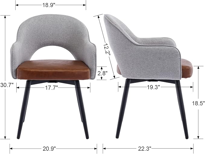 DUOMAY Modern Swivel Dining Chairs Set of 6, Linen & Faux Leather Upholstered Accent Side Chair, Home Office Desk Chair with No Wheels for Dining Room Living Room Office, Light Grey