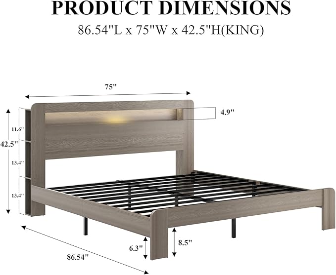 Wooden Bed Frame King Size with Storage Headboard - Farmhouse Platform Bed Frame with Bookcase Shelf & Led Lights, Sturdy Wood Slat Framework Bed Frame (Light Brown LED)