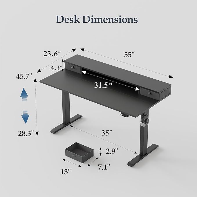 Klicelor 55 Inch Electric Standing Desk with Drawers, Adjustable Height Small Sit Stand Desk for Home Office, Compact Computer Workstation with Storage– Black
