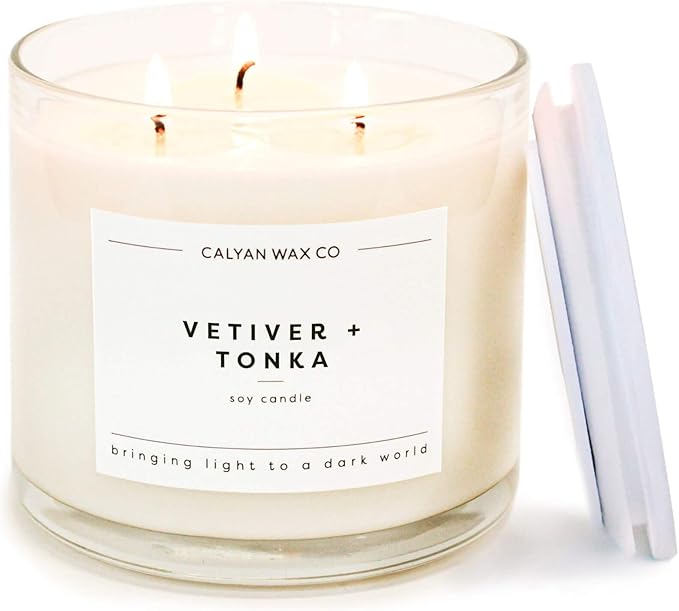 Calyan Wax Co. Vetiver & Tonka 3 Wick Scented Candle - 43 Hour Burn - Luxury 3 Wick Soy Candles - Non Toxic Soy Wax Candles - Long Lasting Large Glass Jar Candle for Home - 14.9oz
