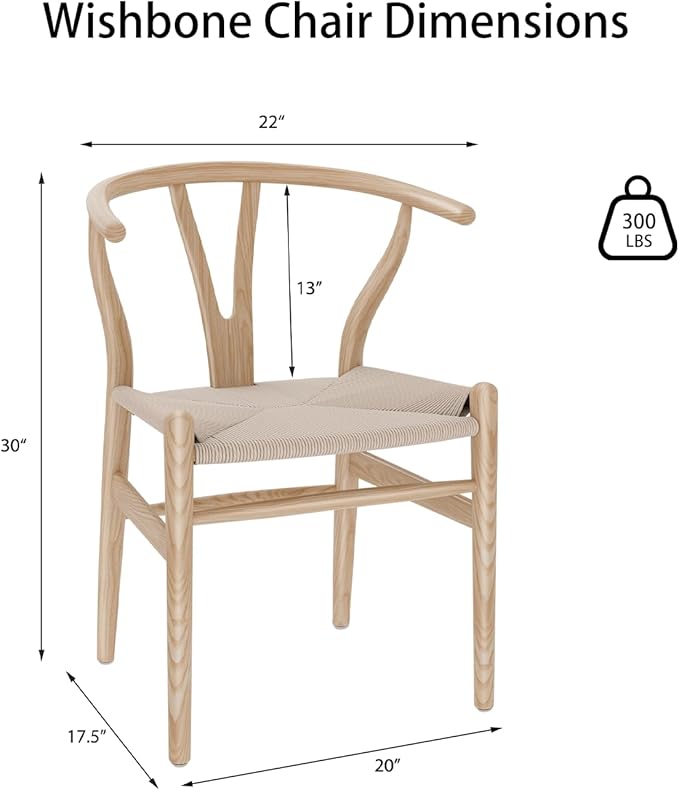 Tomile Solid Wood Wishbone Chair Y Chair Mid-Century Armrest Dining Chair, Hemp Seat (Ash Wood - Natural Wood Color)