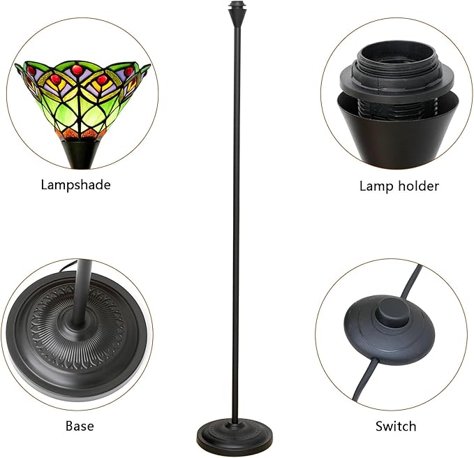 Tiffany Torchiere Floor Lamp Green Peacock Tail Style Stained Glass Floor Light Antique Tall Standing Lamp Handcrafted Pole Reading Uplight Lamp for Home Office Living Room