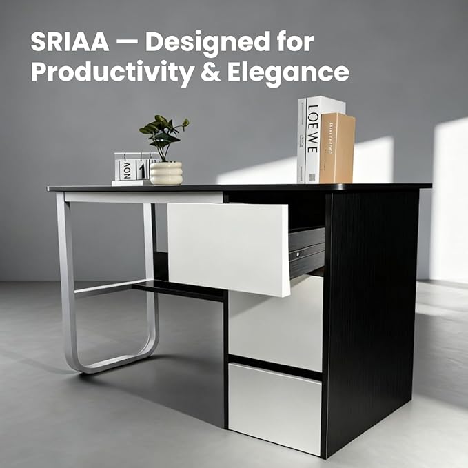 Premium Modern Wooden Computer Desk White Wooden Drawers & Bookshelf - Black Wood Top Writing Table with Strong Iron Frame for Home Office & Study 47.24W x 19.68L x 29.13H Inches