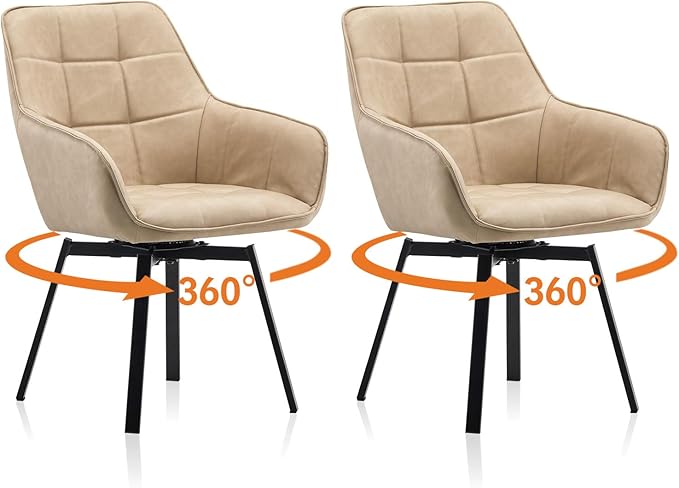 TUKAILAi Swivel Dining Chairs Set of 2, Faux Leather Upholstered Mid Century Accent Chairs with Metal Legs, Rotatable Kitchen Chair for Home Kitchen Restaurant (Cream)