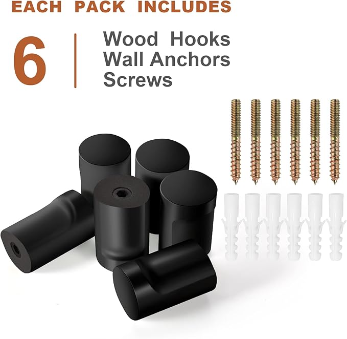 Wood Wall Hooks (6 Pack), Decorative Black Coat Hooks - Heavy Duty, Wall Mounted Hangers for Coats, Backpack, Towel, Cap (Black)