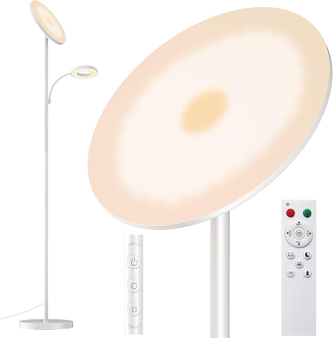 White Floor Lamps for Living Room Bedroom, 42W/4300LM Super Bright LED Floor Lamp with Remote and Touch Control, Stepless Dimmable, 69" Tall Standing Lamp with Gooseneck Reading Light for Office