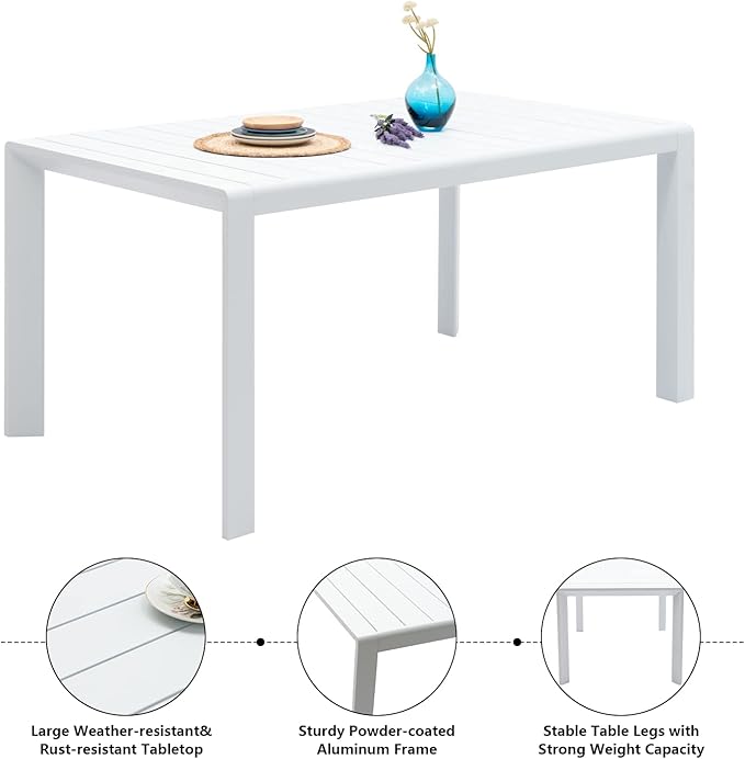 Outdoor Dining Table for 6, 60"x35" Patio Rectangular Dining Tables Powder-Coated Aluminum Table Top Heavy Duty Patio Furniture for Garden,White Frame