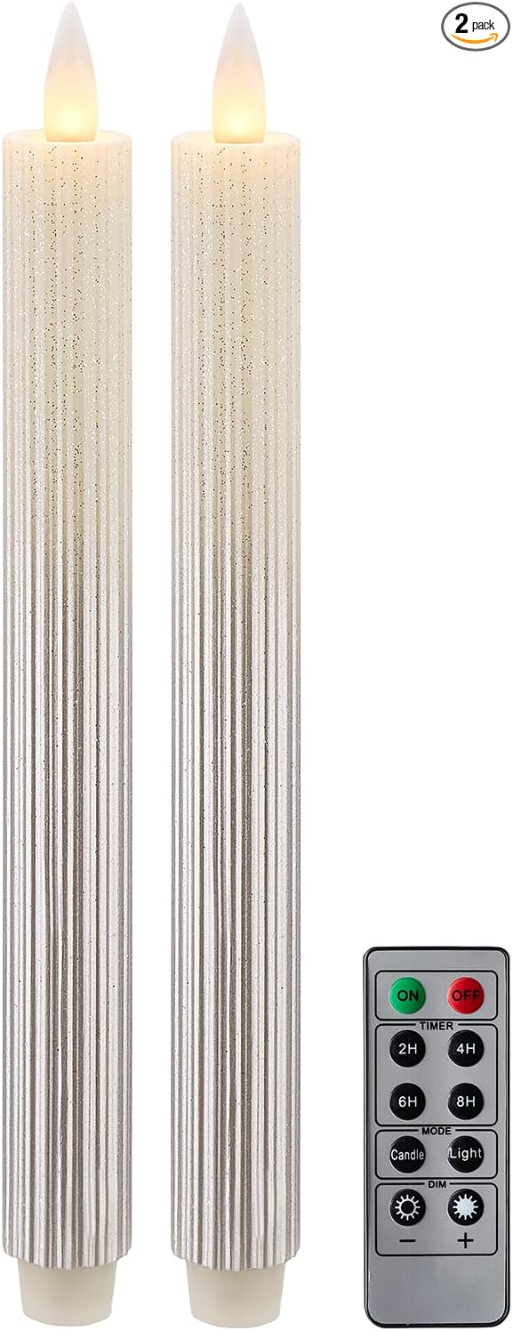 Flameless Taper Candles Flickering with Remote and Timer, 3D Moving Flame Taper Candle Battery Operated to 400 Hours, 9 Inch Window Candles, (Gradient Silver-Vertical Stripes)