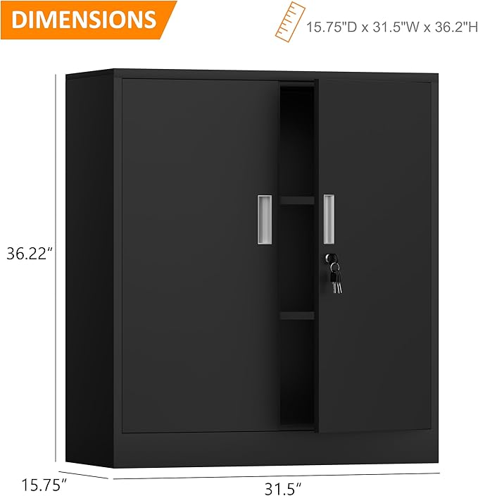 Metal Storage Cabinet with Locking Doors and 2 Adjustable Shelves, Small Lockable Steel Storage Cabinets for Home Office Garage Kitchen Pantry (Black)