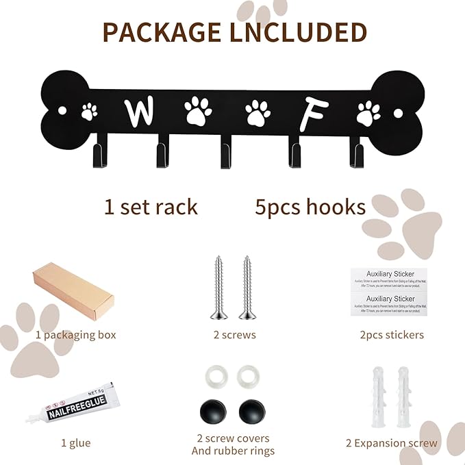 Dog Leash Holder for Wall Key Hooks Decorative, 5 Hooks 11×2.75 inch for Wall Decorative Animal Storage Rack Adhesive, Black Key Holder wall Mount for Entrance Living Room Kitchen-Dog Lovers Gifts