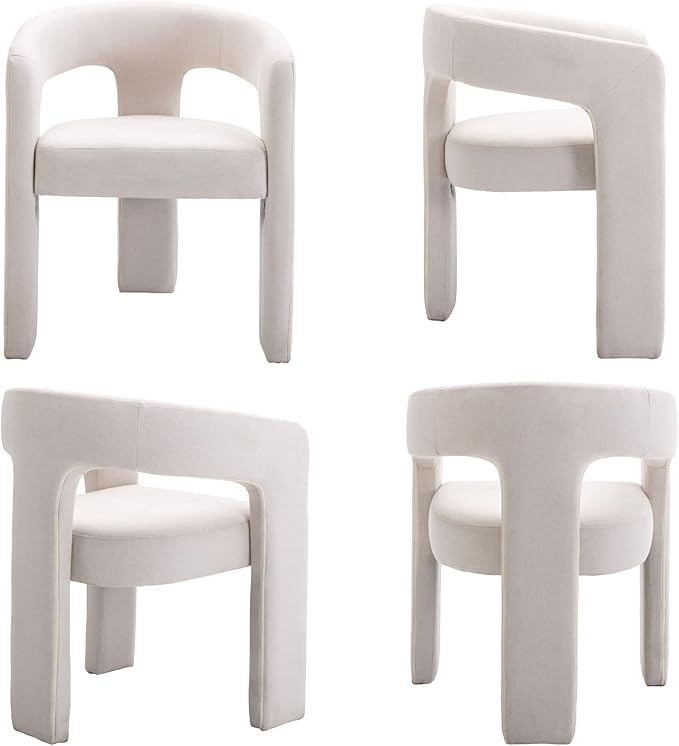 Set of 2 Modern Linen Fabric Upholstered Dining Chairs with Open-Back, Cute Barrel Side Chairs Kitchen Armchair Accent Chairs for Dining Room Bedroom, Ivory
