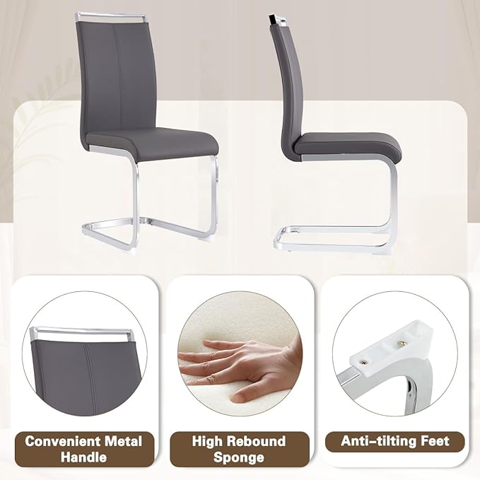 Glass Dining Table Set for 4,Rectangle Dinner Table with 4 Grey Leather Kitchen Chairs,51 in Kitchen Room Dining Set,0.31” Tempered Glass Table Top with Silver Metal Legs,4 Dining Chairs Set