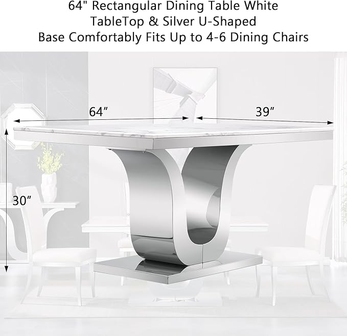 Modern Dining Room Table with Silver Stainless Steel Metal U-Base in White Silver