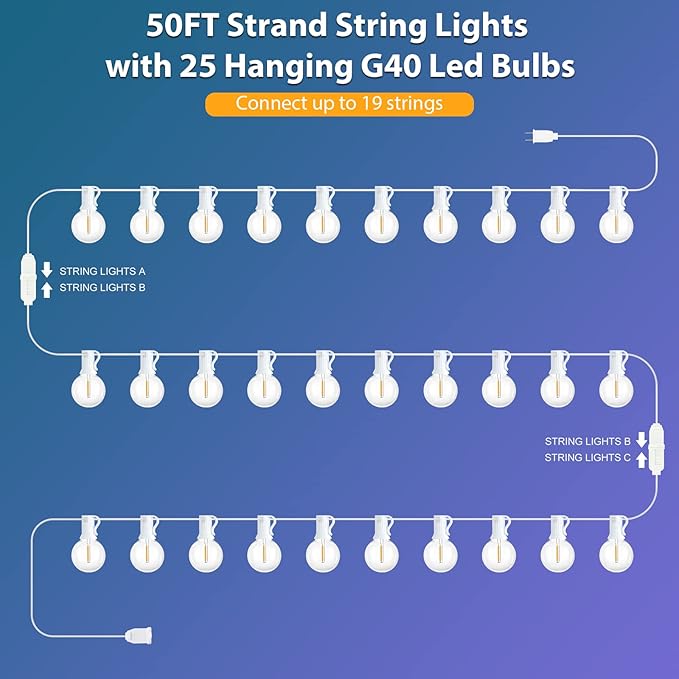 Mlambert 100Ft(2x50Ft) Outdoor String Lights, G40 Globe Patio Lights with 50+4 Waterproof Hanging LED Bulbs for Party Cafe Camping Outside-White Wire