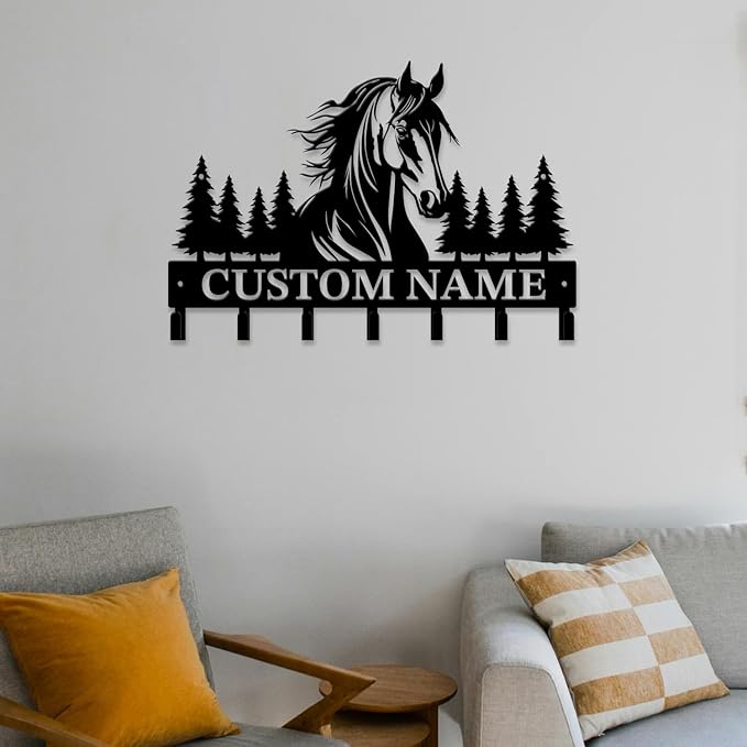 Personalized Custom Name Farm Horse Wall Key Hooks,Metal Horse Art Clothes Hooks,Metal Horse Wall Home Storage Decorative,For Front Door, Hallway, Kitchen, Bedroom,Keys,Hats (Style B)