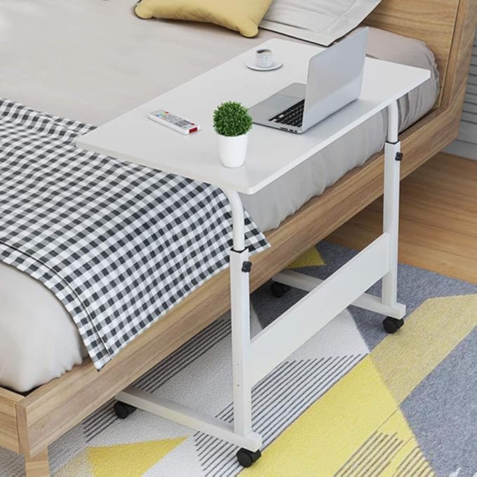 Goujxcy Sofa Side Table C Shaped End Table with Wheels, Rolling Bedside Laptop Table Snack Table TV Tray, Height Adjustable, Wooden Top & Metal Frame