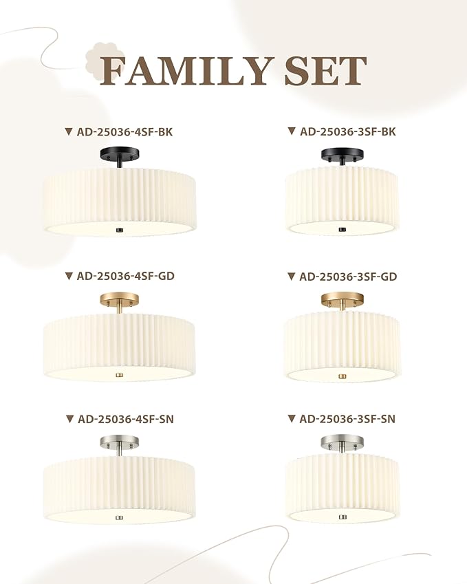 Gold Semi Flush Mount Ceiling Light, 3-Light 12.5" Ceiling Light Fixture with White Pleated Fabric Shade, Drum Lamp for Nursery Hallway Bedroom Kitchen, AD-25036-3SF-GD