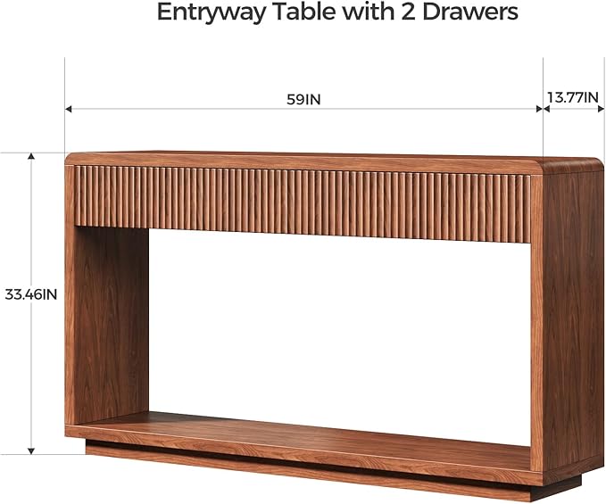 Evermagin 59'' Walnut Entryway Table with Drawers, Fluted Console Table, Mid Century Modern Sofa Table with Storage for Living Room, Entrance, Hallway