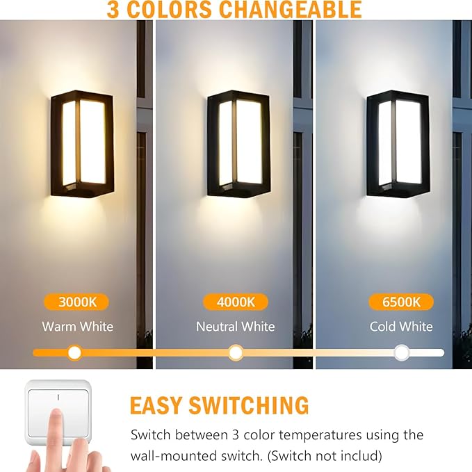 wowlite Outdoor Lights for House LED, 12W Modern Porch Light 3000K 4000K 6500K 3 Colors Changeable, Aluminum Outdoor Light Fixture Wall Mount, Exterior Lighting Fixtures for Garage Garden Patio