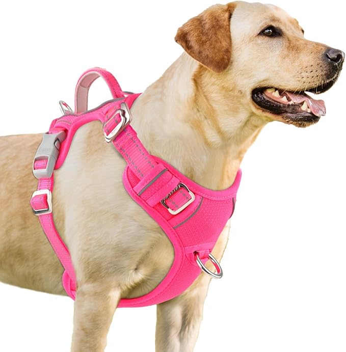 BARKBAY No Pull Dog Harness 3 Buckles Large Reflective Dog Harness with Front Clip and Easy Control Handle for Walking Training Running with ID tag Pocket(Pink,S)