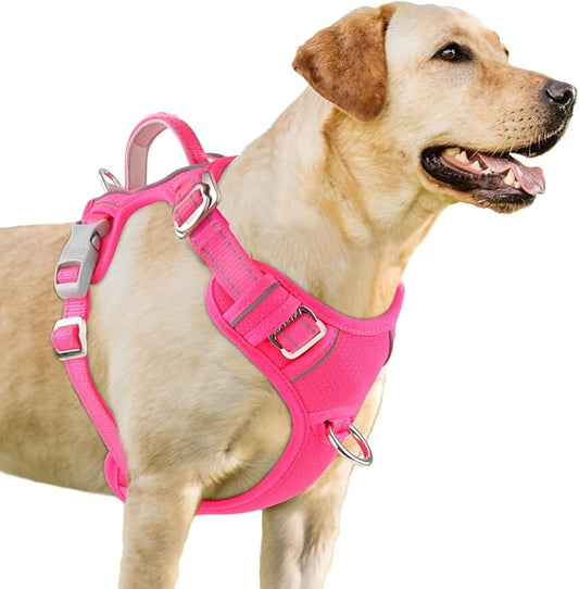 BARKBAY No Pull Dog Harness 3 Buckles Large Reflective Dog Harness with Front Clip and Easy Control Handle for Walking Training Running with ID tag Pocket(Pink,S)