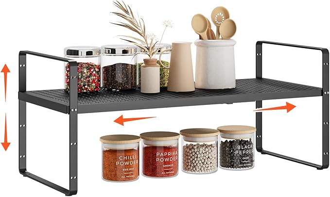 16.5-27’’L Expandable Stackable Cabinet Shelves, Adjustable Spice Rack Cabinet Shelf Organizer for Kitchen, Countertop, Pantry and Cupboard, Black