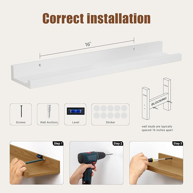 Heimlove Floating Shelves Set of 6, 24" Wall Mounted Picture Ledge, Display Shelf Organizer for Decor Storage, Wall Mounted Shelves for Living Room, Bedroom, Bathroom, Kitchen (White)
