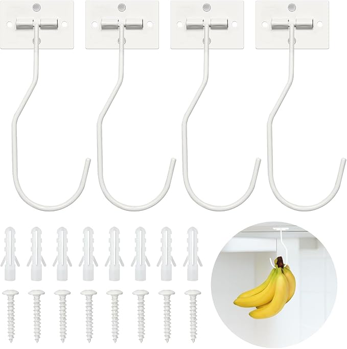 Banana Hanger Hook – Space Saving Banana Holder Hanger to Keep Bananas Fresh, Self Adhesive and Screw Banana Hook 4Pack White