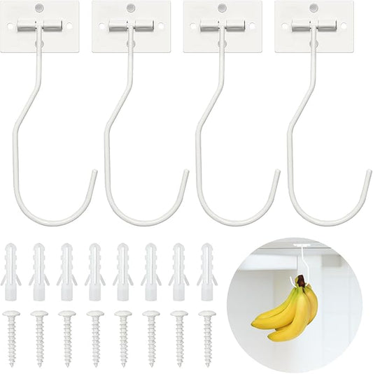 Banana Hanger Hook – Space Saving Banana Holder Hanger to Keep Bananas Fresh, Self Adhesive and Screw Banana Hook 4Pack White