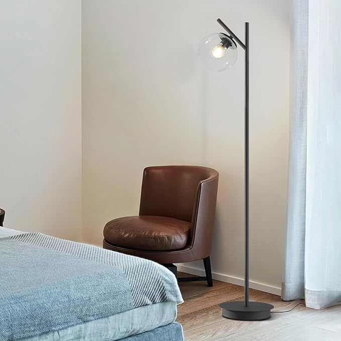 Modern Black Floor Lamps for Living Room Industrial Clear Globe Tall Standing Lamp Mid Century Freestanding Lamps Vintage Metal Floor Lamp for Bedroom Office