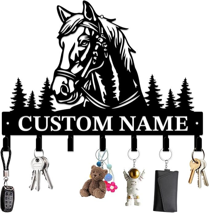 Personalized Custom Name Farm Horse Wall Key Hooks,Metal Horse Art Clothes Hooks,Metal Horse Wall Home Storage Decorative,For Front Door, Hallway, Kitchen, Bedroom,Keys,Hats (Style L)