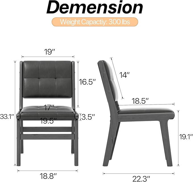 KCC Modern PU Leather Dining Chairs Set of 2, Upholstered Kitchen Chairs with Solid Wood Legs and Comfortable Seat for Dining Room/Lounge/Bedroom(Black)