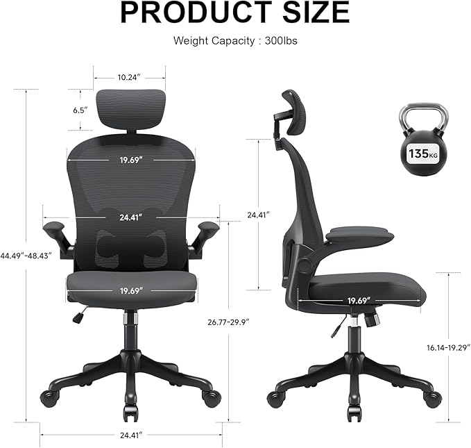 Mesh Office Chair with Adjustable Lumbar Support and Headrest, Ergonomic High Back Task Chair for Home Office, Flip-Up Arms 90-120° Tilt Lock Rolling Swivel Work Chairs (White-Black6065)