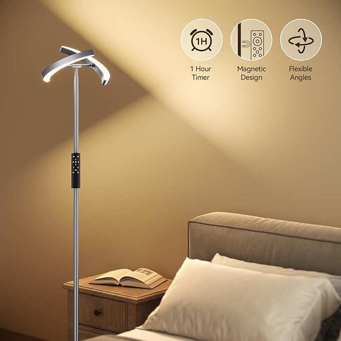 SUNMORY Floor Lamps for Living Room, 28W Bright LED Floor Lamp with 2 Rotatable Lights & Remote Control, 74" Tall Standing Lamp with Stepless Dimmable, Modern Reading Corner Lamp for Bedroom, Office