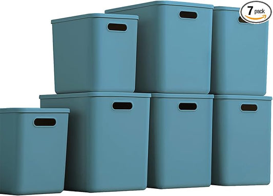 Plastic Storage Bins with lids,Storage Baskets,Container with handle,Storage Organizer Bins for Shelves,Office,Bedrooms,Closets, Cabinets (Blue, 5XL+2L)