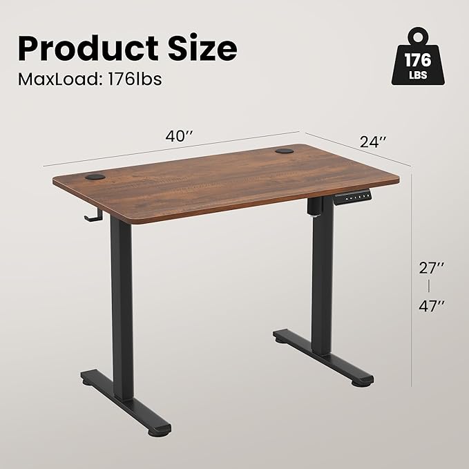 Casaphoria 40 x 24 inches Electric Standing Desk, Sit to Stand Desk with Memory Height Adjustment, Home Office Computer Desk for Writing and Gamess, Brown