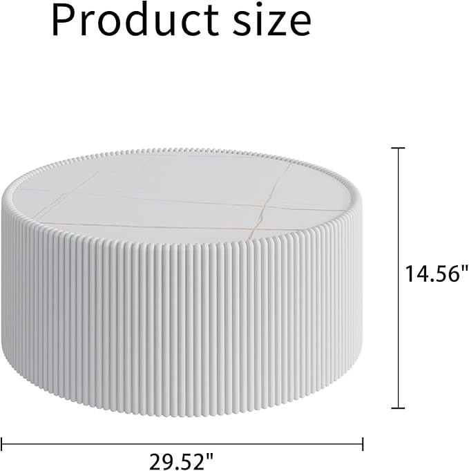White Round Coffee Table with Sintered Stone Tabletop, 29.52" Drum Coffee Table with Fluted PU Leather Covered and Stable Base, Circle Cocktail Tea Table for Living Room