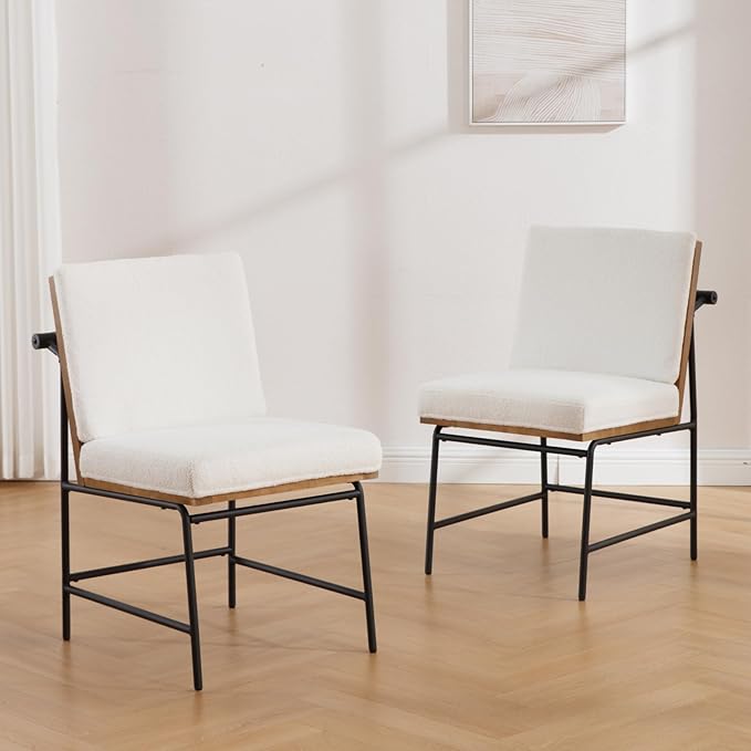 Modern Dining Chairs Set of 4, Comfy Sherpa Fabric Armless Upholstered Side Chairs with Wooden Backrest Black Metal Legs for Dining Room Living Room, White