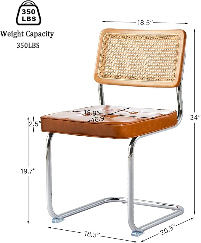 Brown Faux Leather Rattan Dining Chairs Set of 2, Wooden Mid Century Modern Dining Room Chairs, Mesh Back Cane Kitchen Chair, Cesca Design Chairs with Metal Chrome Legs