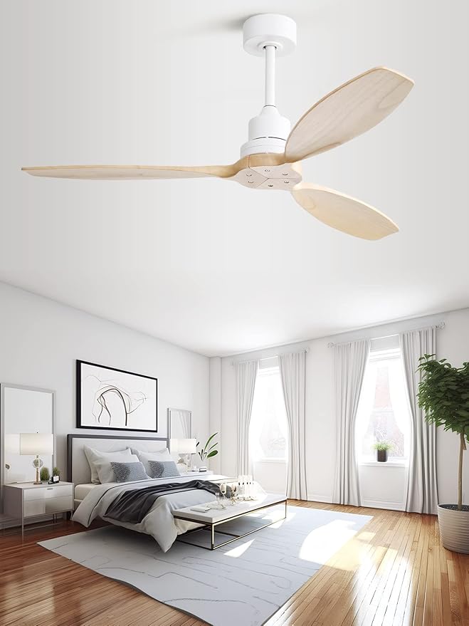 Sofucor Ceiling Fan no Lights, 52 Inch Modern Wood Ceiling Fan with Remote, 3 Wooden Blades and 3 White Downrods, for Indoor Bedroom Living Room Outdoor Patio Porch, Reversible DC Motor, Quiet