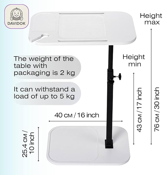 DAVIDOK C-Shaped Sofa End Table, Adjustable Height Couch Side Table with Device Slot, White Color with Black Metal Stand, Couch Table for Living Room, Bedroom